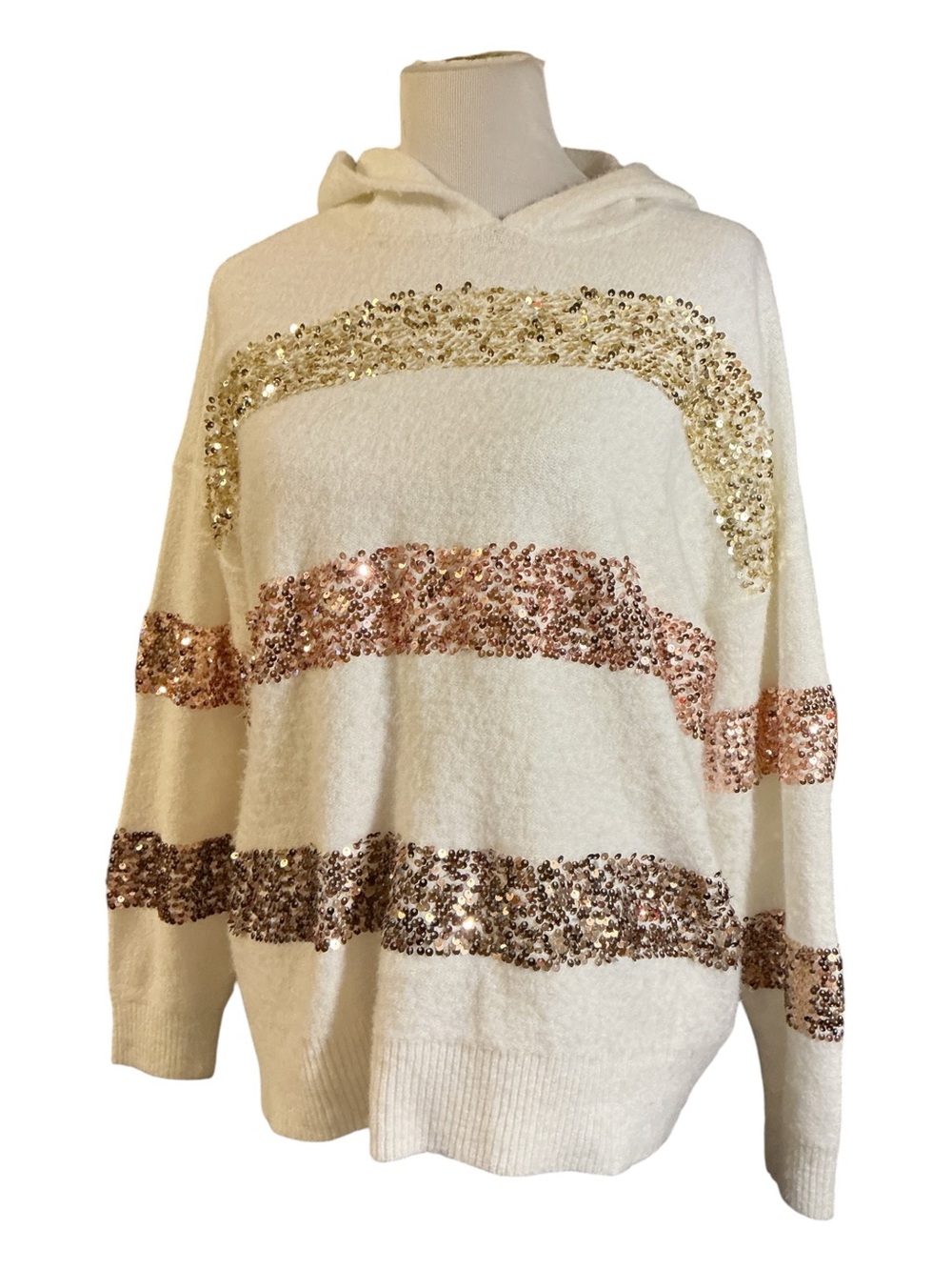 Nine West Cream Hooded Sweater with Gold & Rose Sequin Stripes
